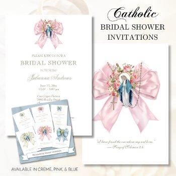 Catholic Bridal Shower Blessed Mary Pink Rosary Invitation Front View