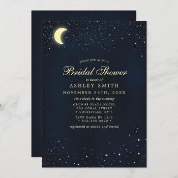 celestial moon stars midnight blue bridal shower invitation