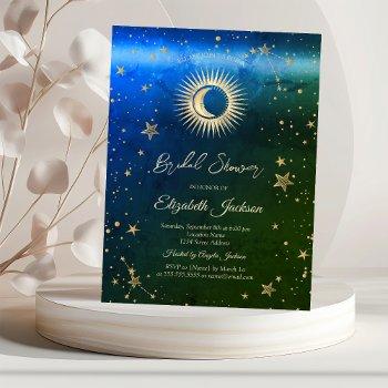 celestial sun,moon,stars green blue bridal shower invitation