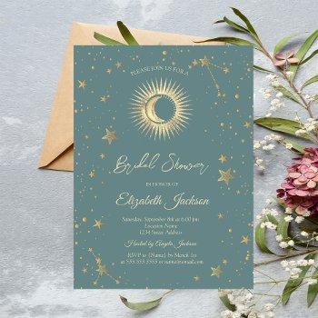 celestial sun,moon,stars mint green bridal shower invitation