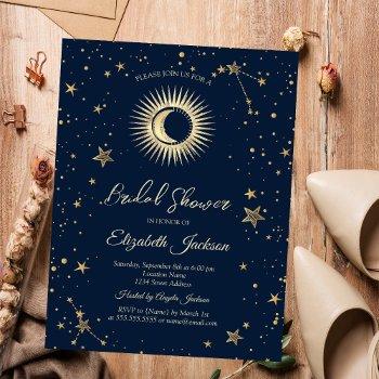 celestial sun,moon,stars navy blue bridal shower invitation