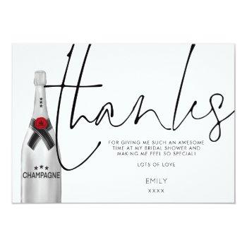 Champagne Bottle Stylish Script Bridal Shower Thank You Card Front View