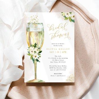 champagne glass white & gold floral bridal shower invitation