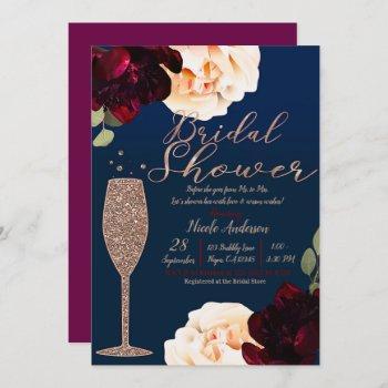 champagne rose gold navy blue floral bridal shower invitation