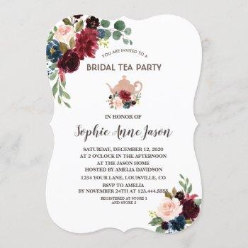 charm merlot navy floral bridal shower tea party invitation