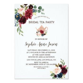 Charm Merlot Navy Floral Bridal Shower Tea Party Invitation Front View