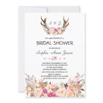 charm pink blush floral antlers bridal shower invitation