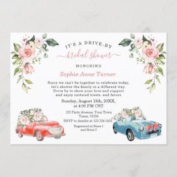 charm pink blush floral bridal shower drive by invitation