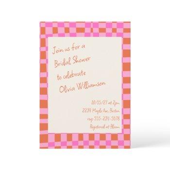 checkered pink orange script fun bridal shower invitation