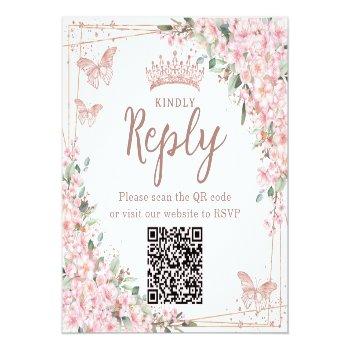 Cherry Blossoms Rose Gold Quinceanera Qr Code Enclosure Card Front View