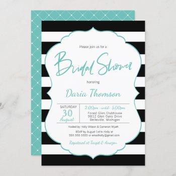 chic black & white stripe turquoise bridal shower invitation
