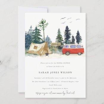 chic camping watercolor pine forest bridal shower invitation