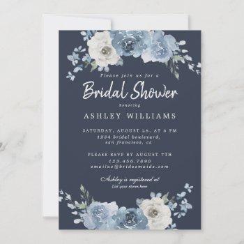 chic dusty blue ivory rose dark blue bridal shower invitation