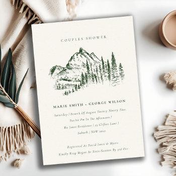 chic green pine mountain sketch couples shower invitation