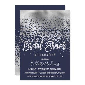 chic navy silver foil confetti ombre bridal shower invitation