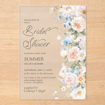 chic pastel blush white blue floral bridal shower acrylic invitations
