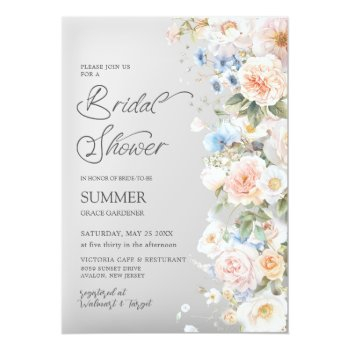 Chic Pastel Blush White Blue Floral Bridal Shower Acrylic Invitations Front View