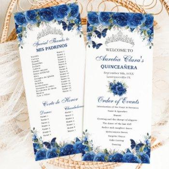 Chic Royal Blue Floral Quinceañera Order Of Events Program Front View