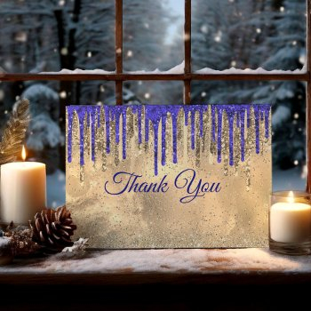 chic royal blue gold glitter drips thank you card