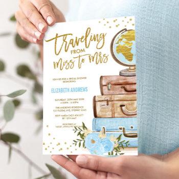 chic traveling miss to mrs blue gold bridal shower invitation