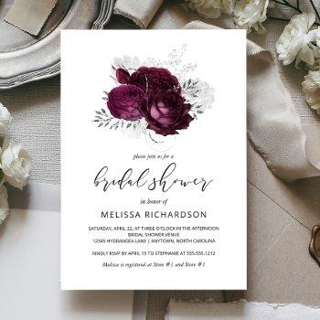 chic vintage floral burgundy silver bridal shower invitation