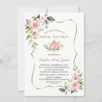 chic watercolor blush floral gold bridal tea party invitation