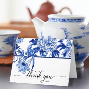 Chinoiserie Bird Floral Blue White Bridal Shower Thank You Card Front View