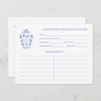 chinoiserie chic blue white monogram recipe card