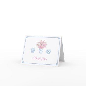 chinoiserie chic sky blue and pink bridal shower thank you card
