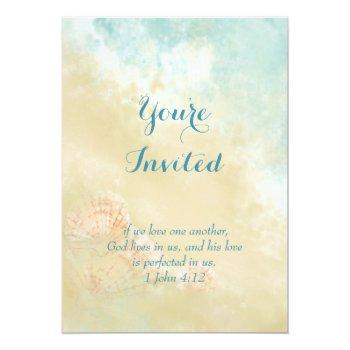 Christian Scripture Beach Ocean Seashell Wedding Invitation Front View