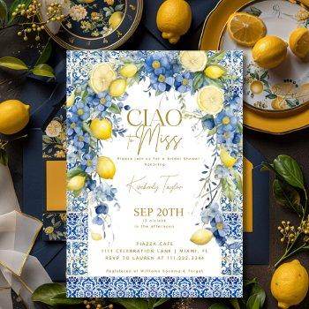 ciao to miss italy lemon blue tiles bridal shower invitation