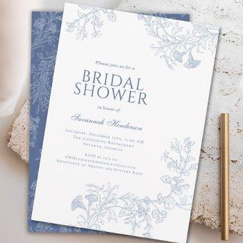 classic blue line drawn floral bridal shower  invitation