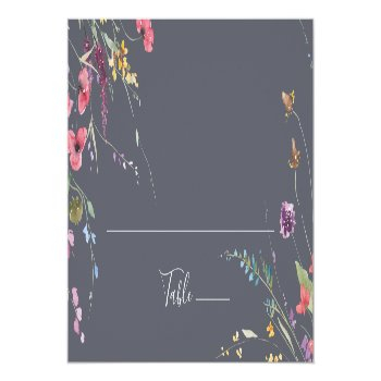 Classic Blue Wild Floral Wedding Place Card Front View