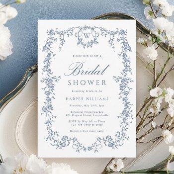 classic french victorian blue floral bridal shower invitation