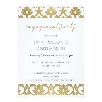 Classic Gold Damask Floral Pattern Engagement Invitation Front View