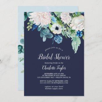 classic white flowers | navy bridal shower invitation