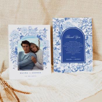 classy blue white chinoiserie wedding photo thank you card