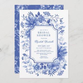 classy blue white floral chinoiserie bridal shower invitation