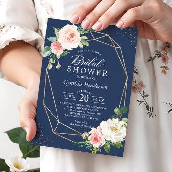 classy navy blue blush pink floral bridal shower invitation