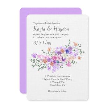 colorful lilac, pink, peach, blue rose bouquet invitation