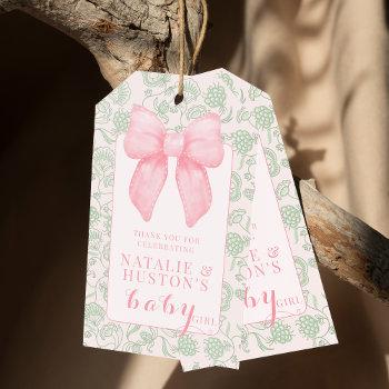 coquette aesthetic pink bow sage green baby girl gift tags