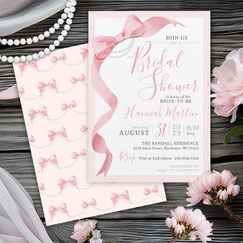 coquette pink bow & pearls modern bridal shower invitation
