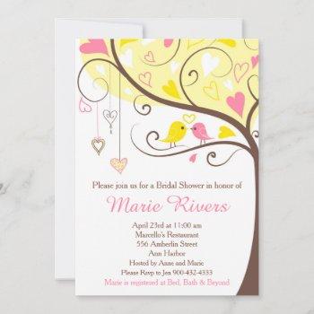 coral and yellow floral bird bridal shower invitation