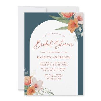 coral peach floral arch teal blue bridal shower invitation