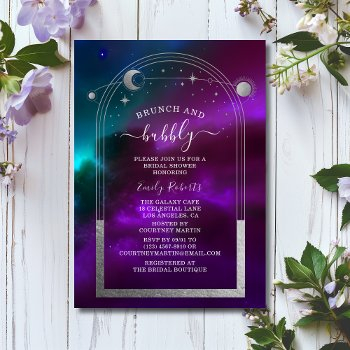 cosmic purple teal silver celestial bridal shower invitation