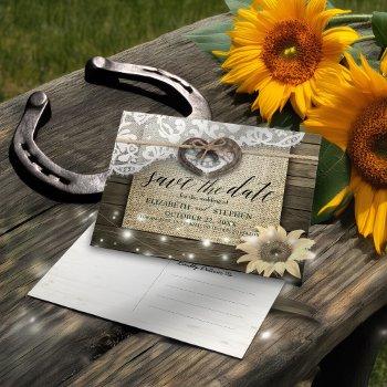 couple horseshoes sunflower wood wedding save date postcard