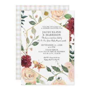 couple shower watercolor burgundy gray fall floral invitation