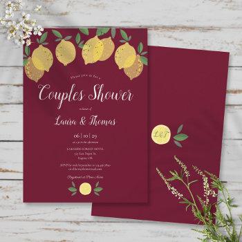 couples bridal shower lemons burgundy invitation