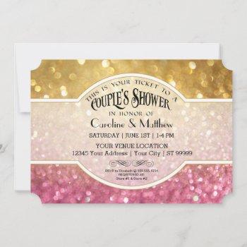 couples shower bokeh movie ticket style gold pink invitation