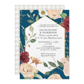 couples shower watercolor peacock blue rose floral invitation